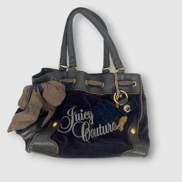 Y2k Rare Juicy Couture Navy Blue Velour Handbag with Charms & Bow Accent - Picture 1 of 7